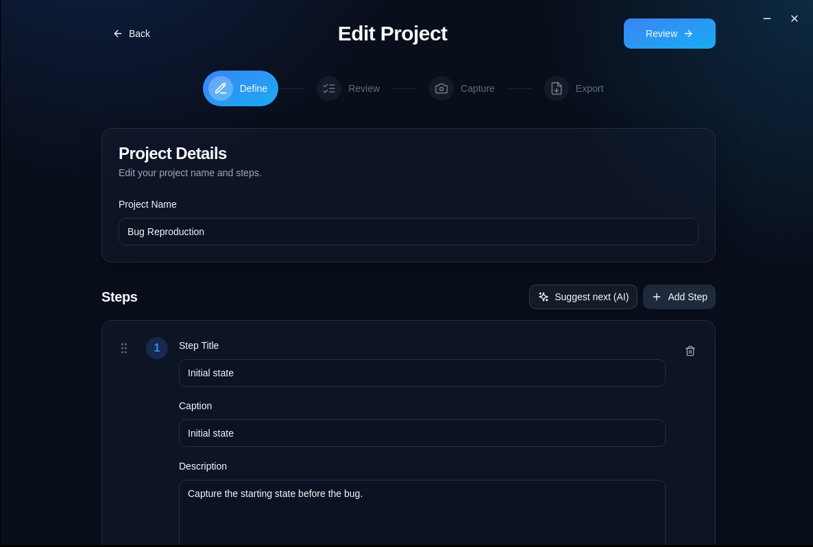 NullDraft project-step planning screen